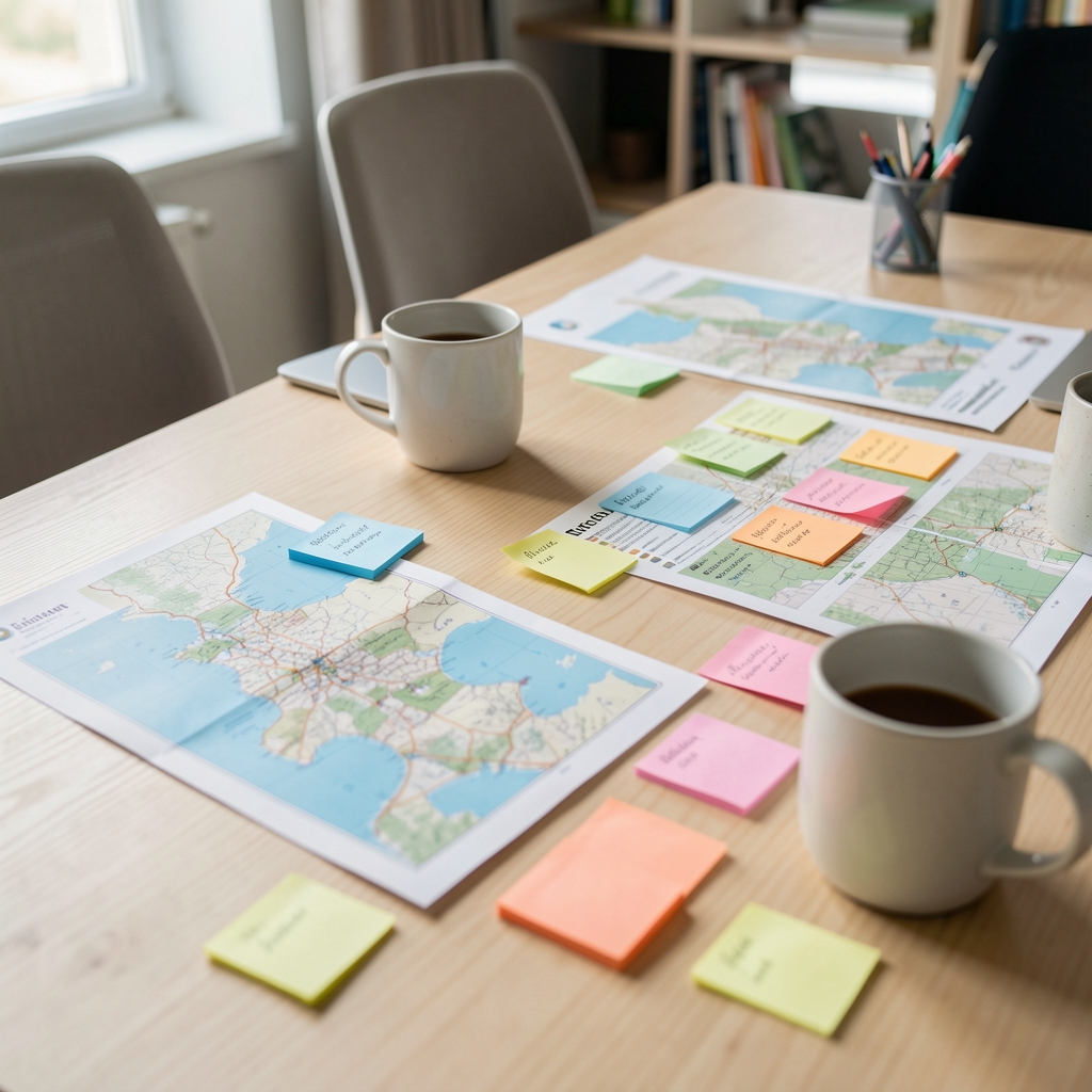 Reunión de planificación editorial con post-its de colores, mapas impresos y tazas sobre una mesa de madera clara