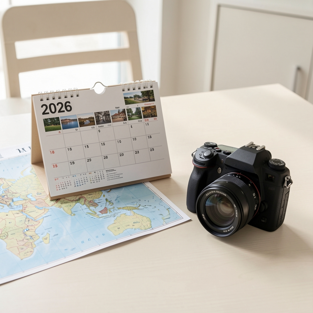 Calendario editorial de 2026 junto a mapas y una cámara sobre una mesa clara