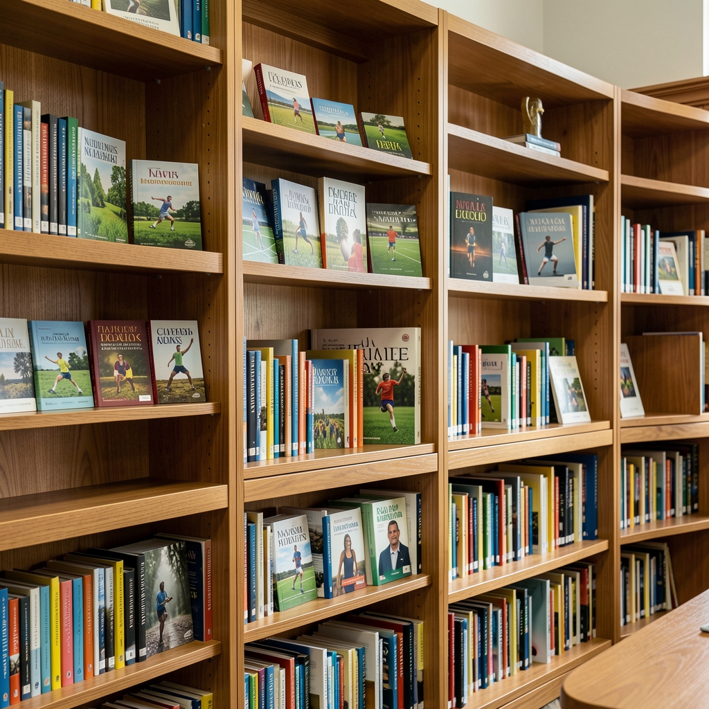 Biblioteca con libros sobre naturaleza, movimiento y cultura deportiva en estanterías de madera