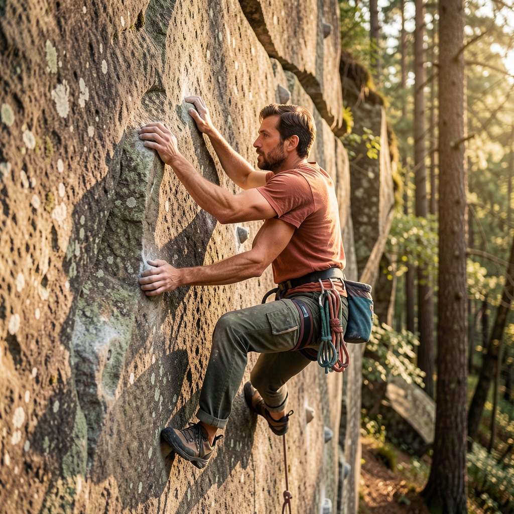 Escaladora de boulder resolviendo una pared baja de roca natural con concentración