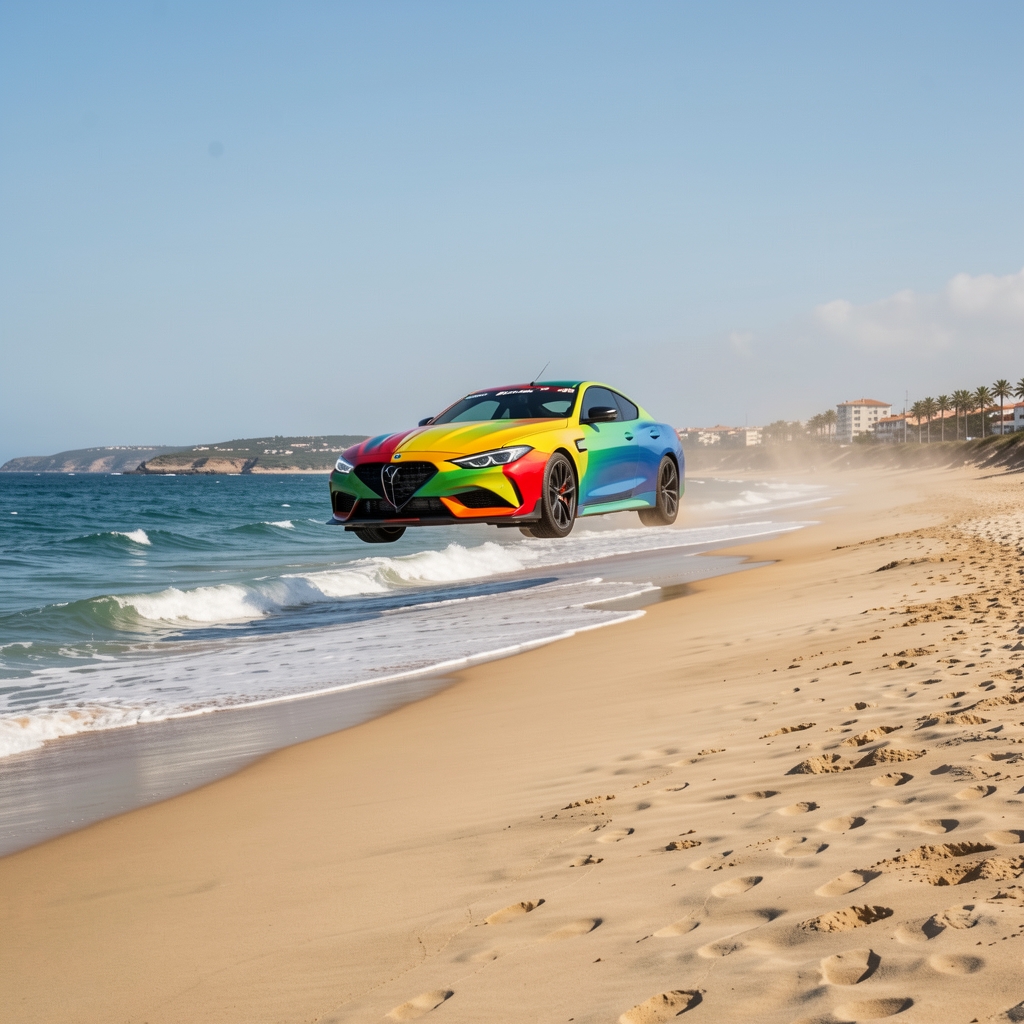 Cometa deportiva de colores volando sobre una playa amplia y ventosa del litoral español