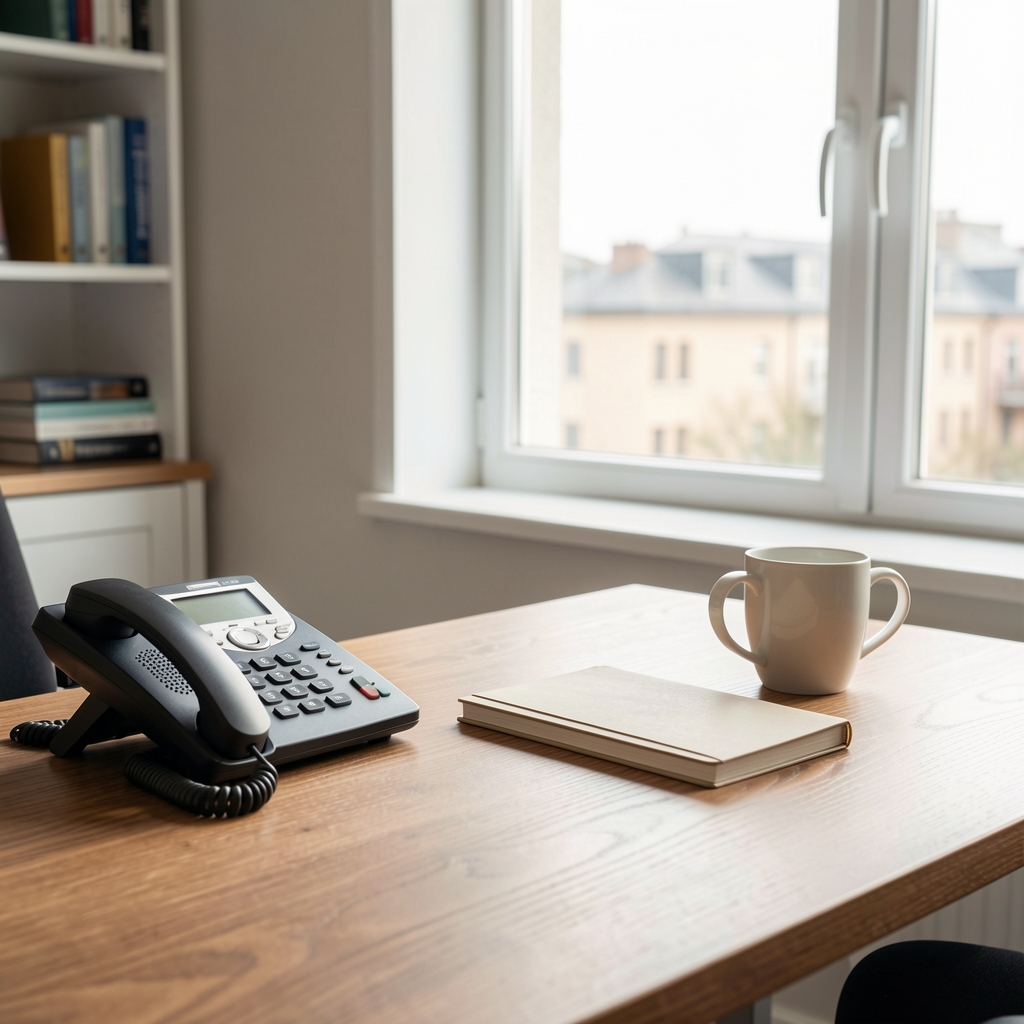 Escritorio editorial luminoso con teléfono, libreta y una taza junto a una ventana