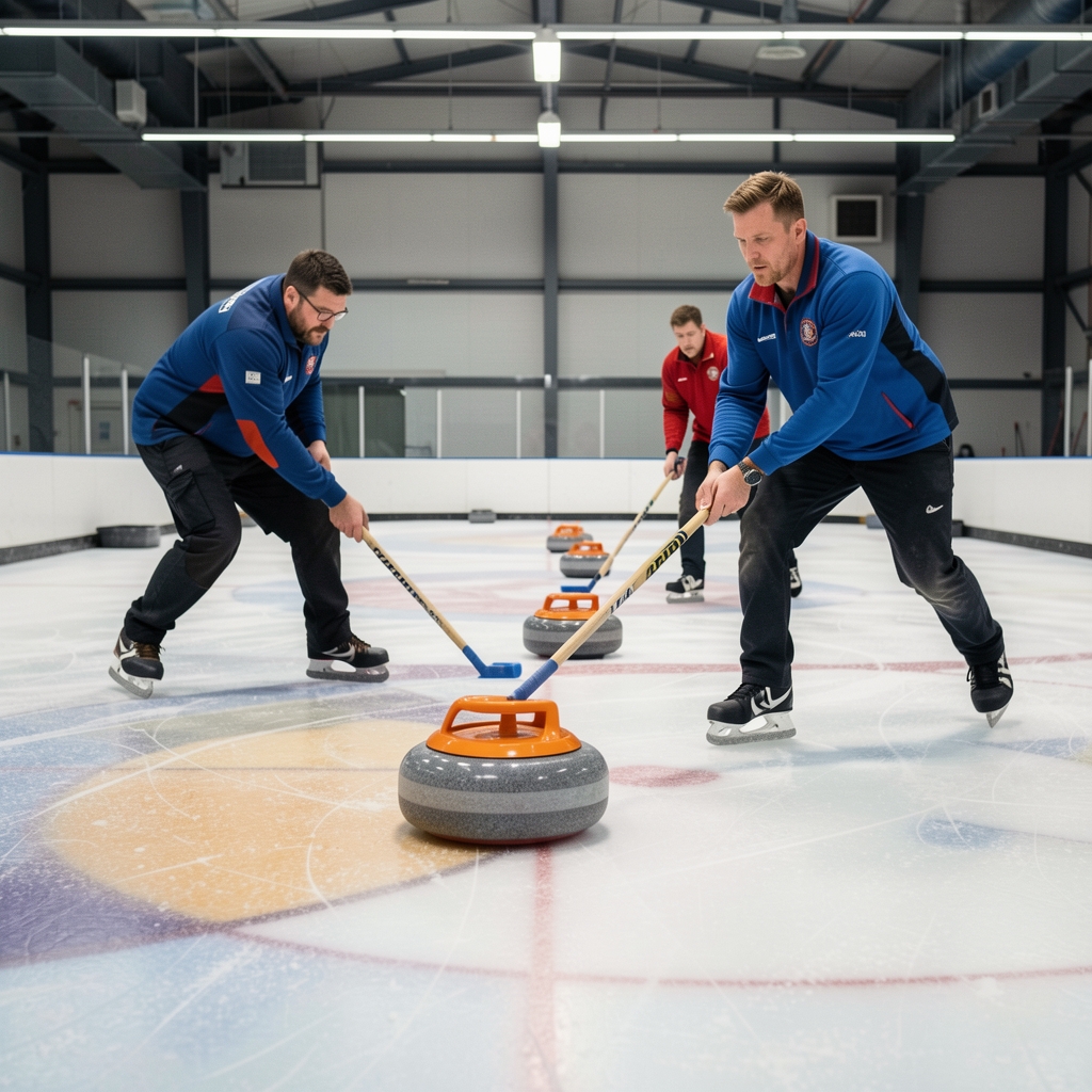 Jugadores de curling deslizando una piedra de granito sobre una pista de hielo iluminada