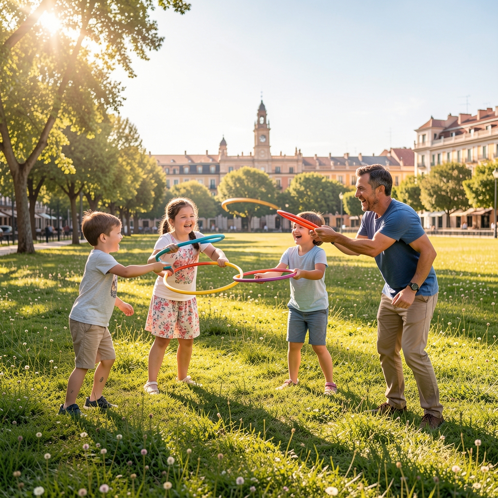Familia jugando a un juego de lanzamiento de aros en un prado soleado de Madrid