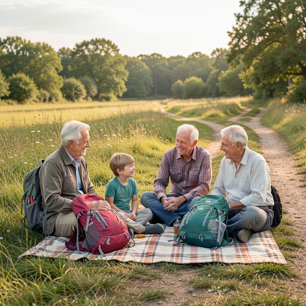 Familia con niños y abuelos haciendo una pausa con mochilas sobre una manta en un prado junto a un sendero