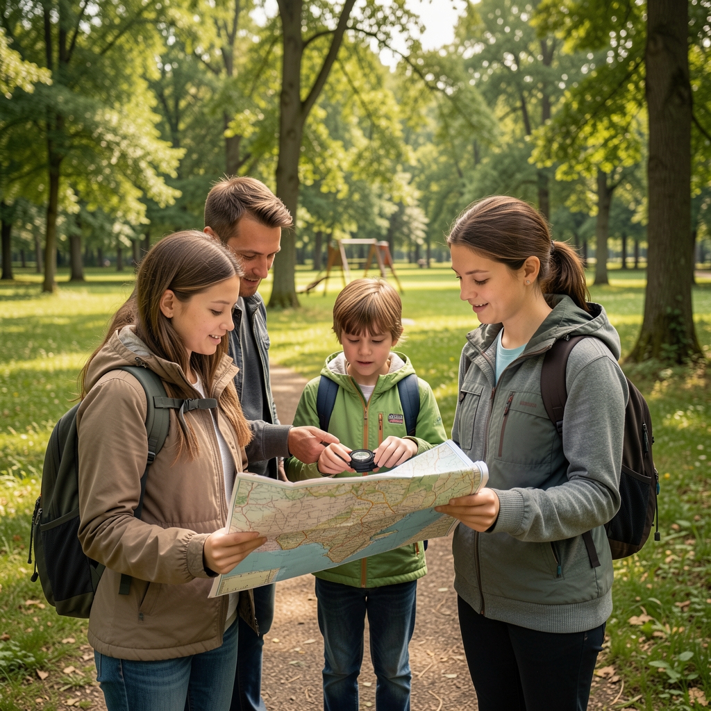 Familia aprendiendo orientación con mapa y brújula en un parque natural accesible
