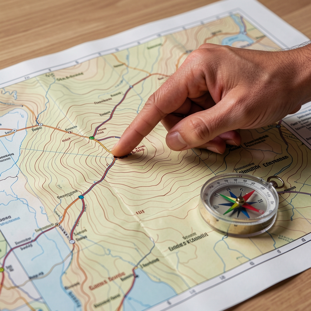 Mano señalando un punto en un mapa de orientación con curvas de nivel junto a una brújula de plástico transparente