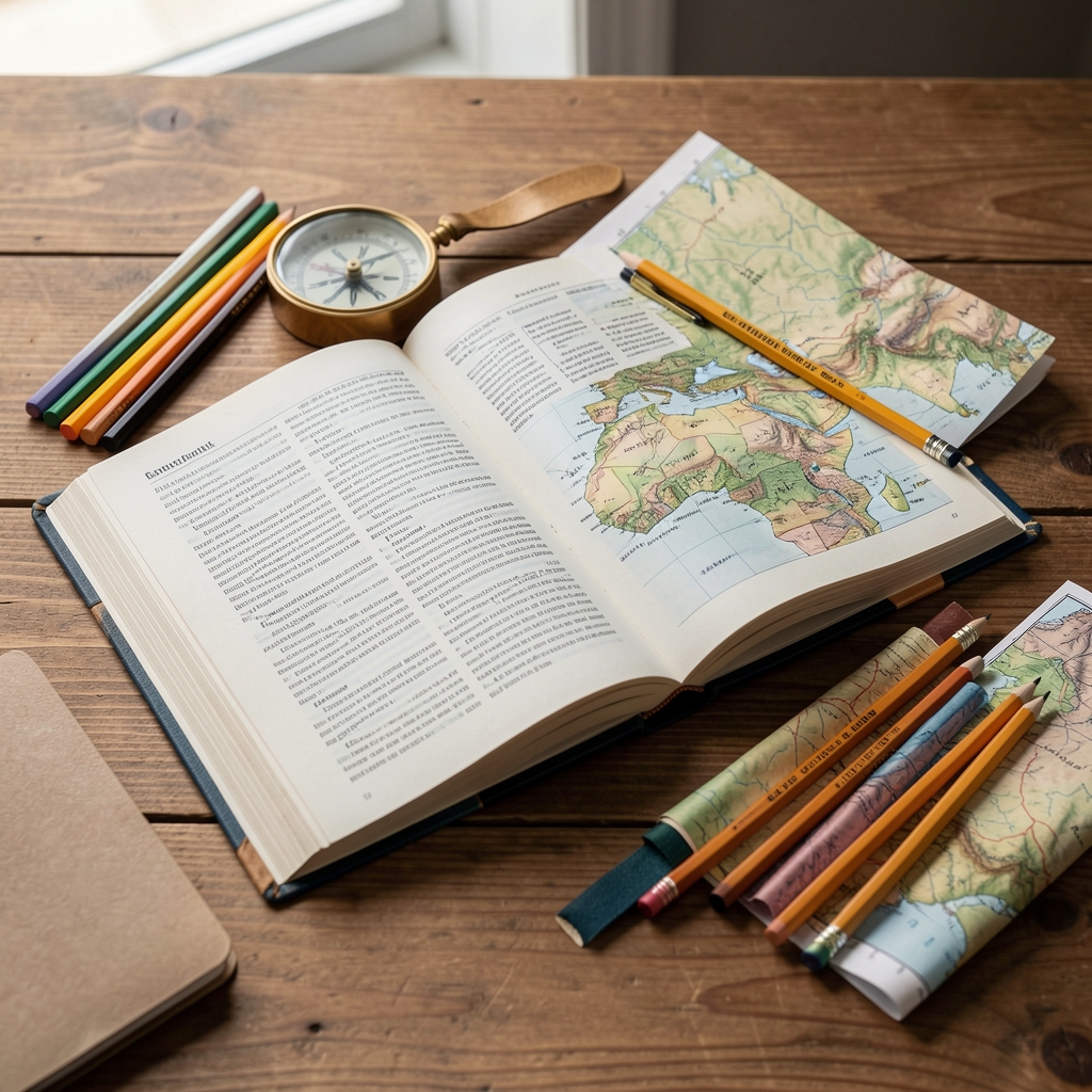 Diccionario abierto sobre una mesa con una brújula, lápices de colores y un mapa topográfico doblado