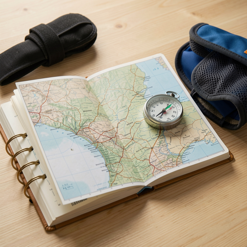 Cuaderno abierto con mapa, brújula y material deportivo sobre una mesa de madera clara