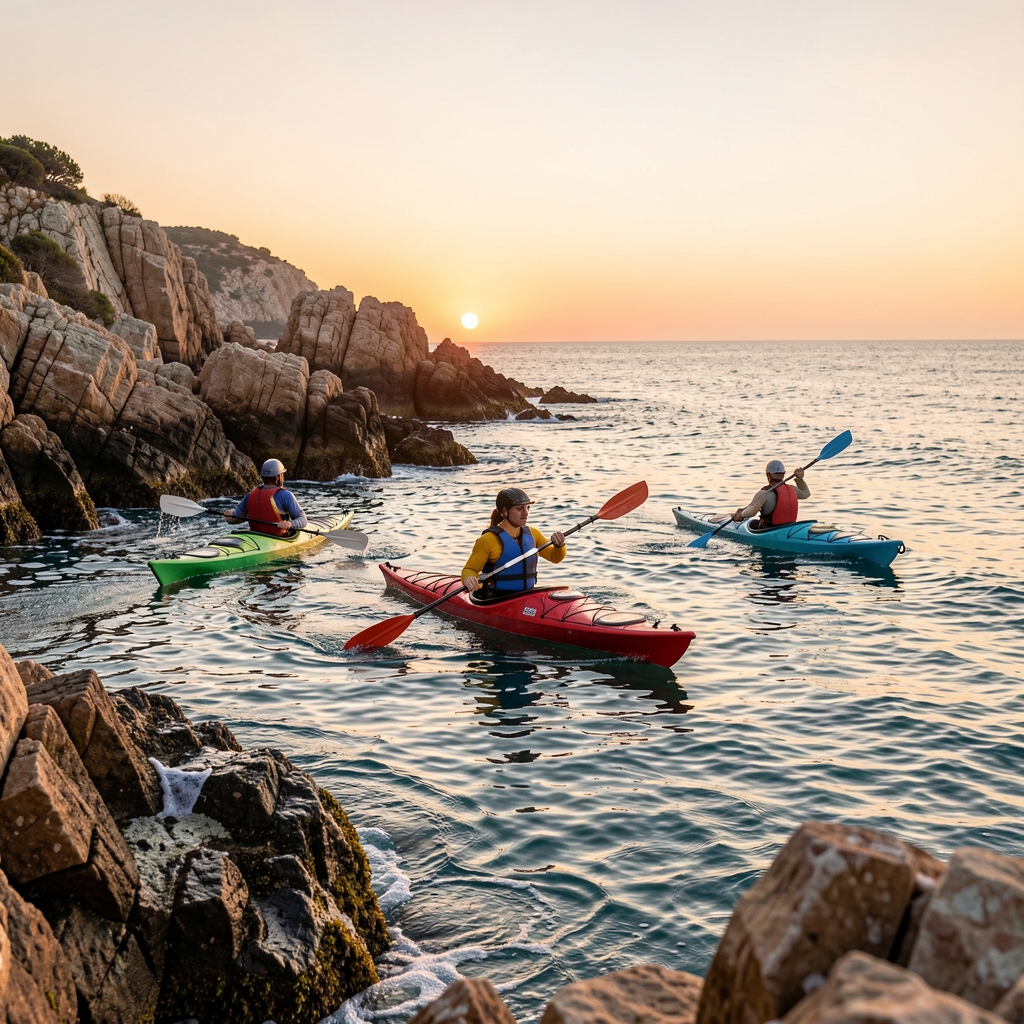Personas practicando kayak de mar en una costa rocosa de España al amanecer