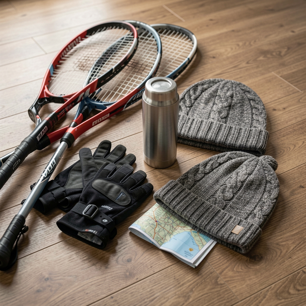 Material de invierno ordenado sobre el suelo: raquetas, guantes, termo, gorro y mapa plegado