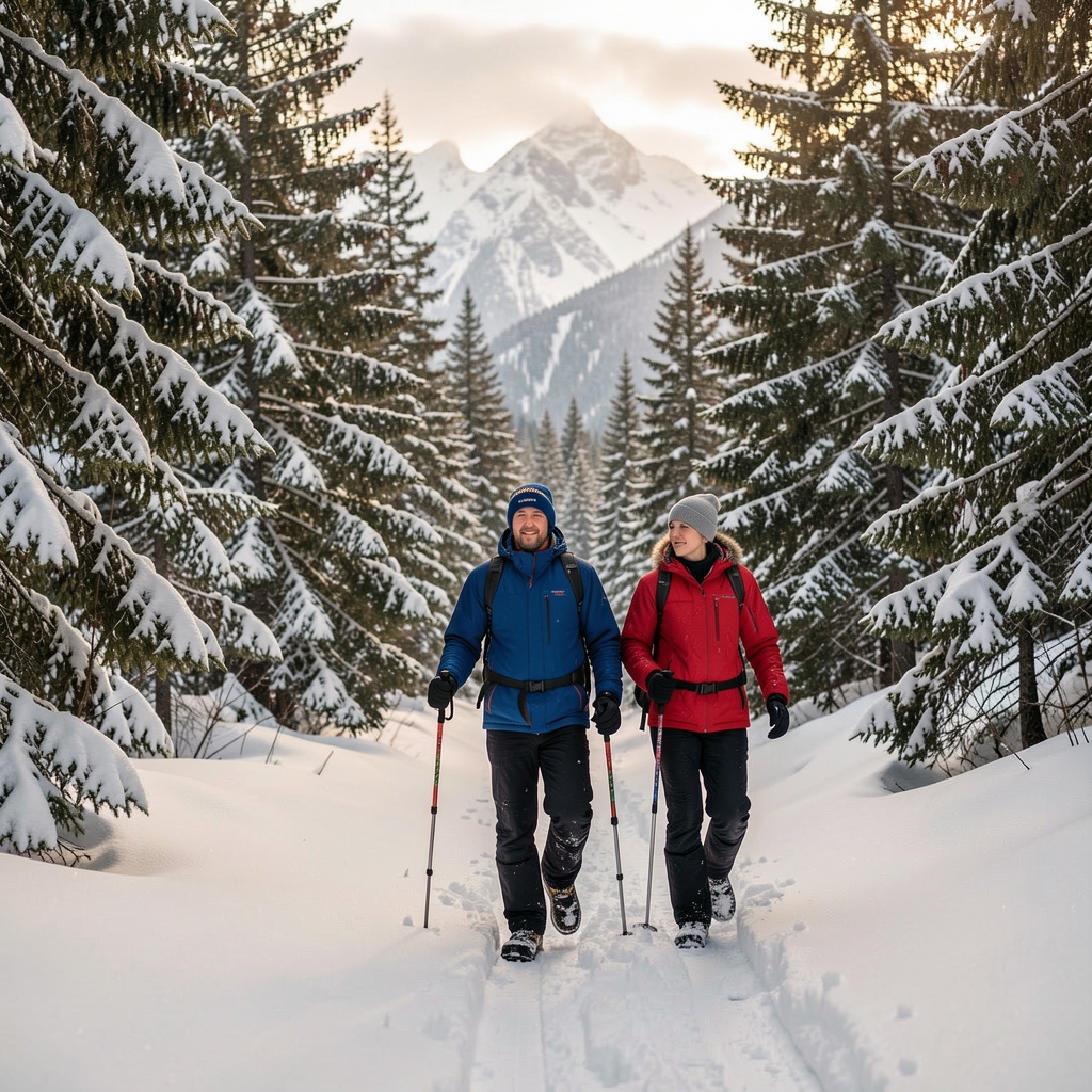 Personas caminando con raquetas de nieve por un bosque invernal de montaña