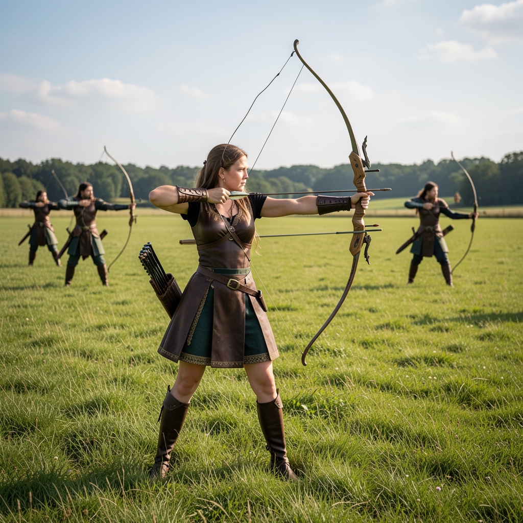 Diana de tiro con arco sobre un campo de hierba verde con arqueros a lo lejos