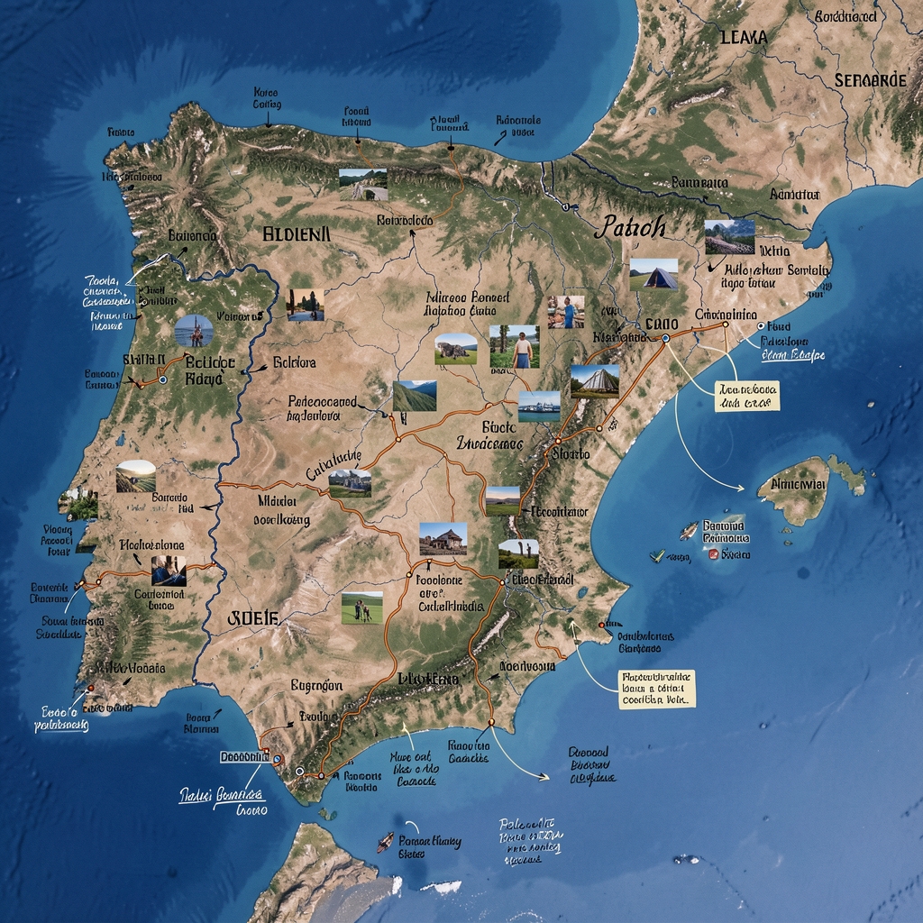 Mapa de España con rutas costeras y notas manuscritas sobre actividades al aire libre