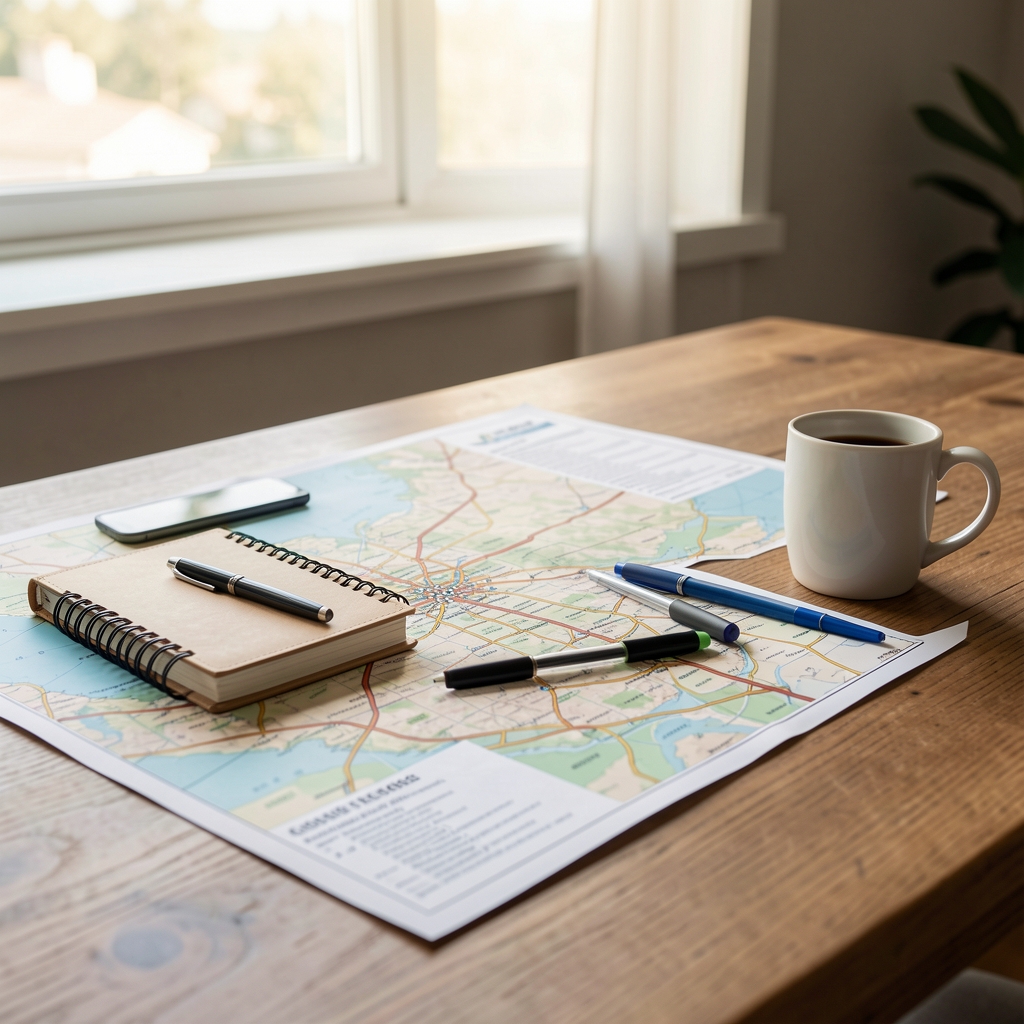 Mesa de trabajo con mapas impresos, libreta, bolígrafos y una taza junto a una ventana luminosa