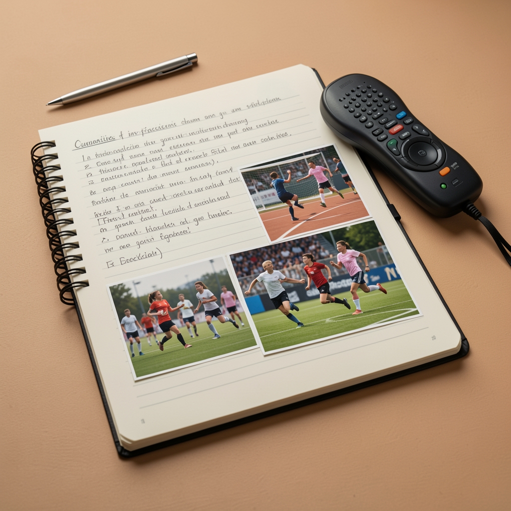 Cuaderno de investigación con notas, grabadora y fotografías de actividades deportivas