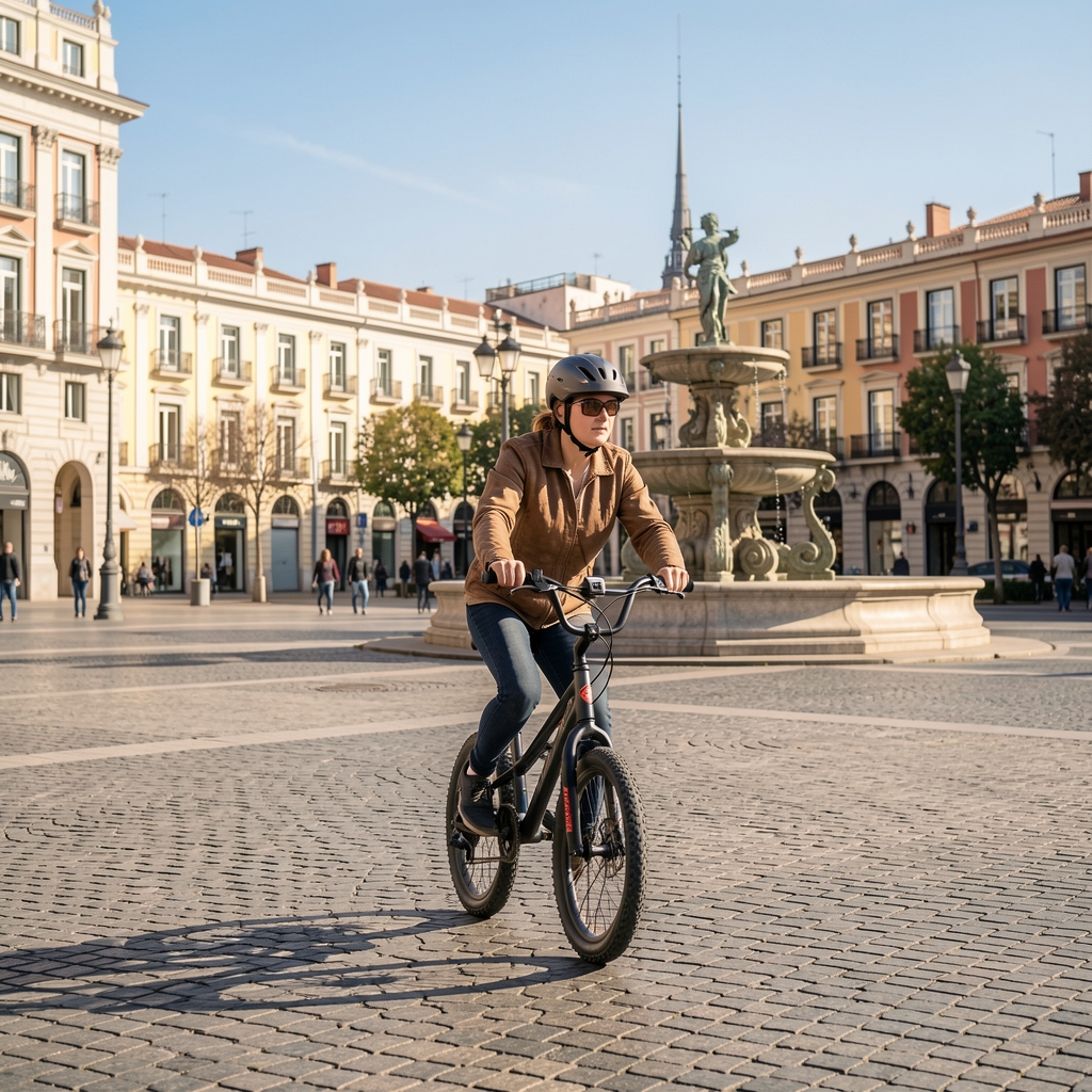 Persona practicando monociclo urbano en una plaza madrileña despejada durante la mañana