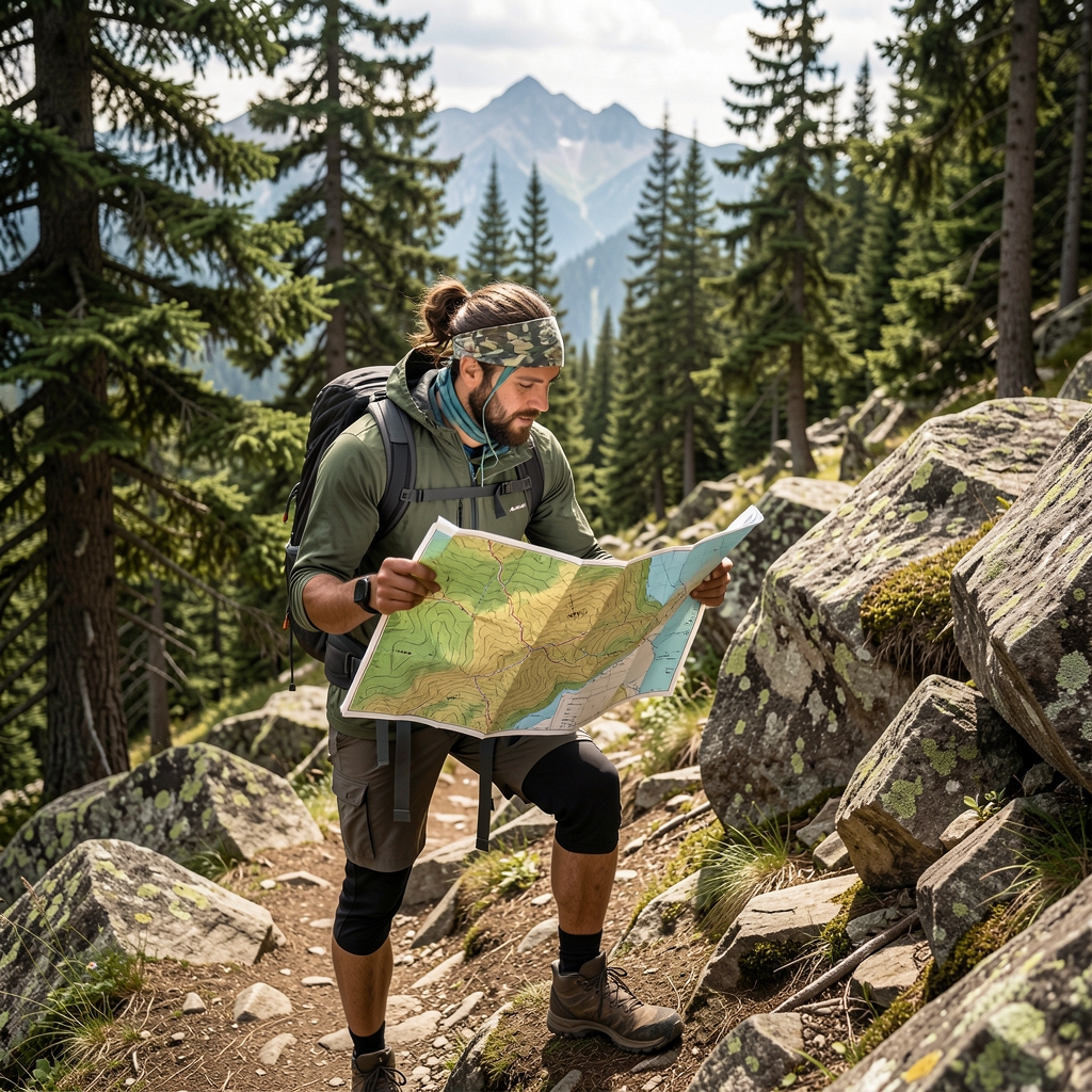 Deportista siguiendo un mapa topográfico entre pinos y rocas de montaña