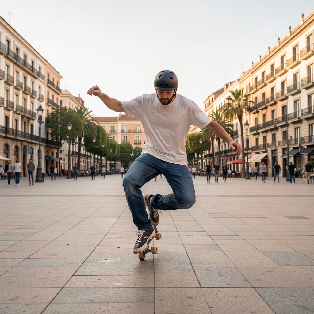 Patinador practicando una figura de roller freestyle en una plaza amplia de Madrid
