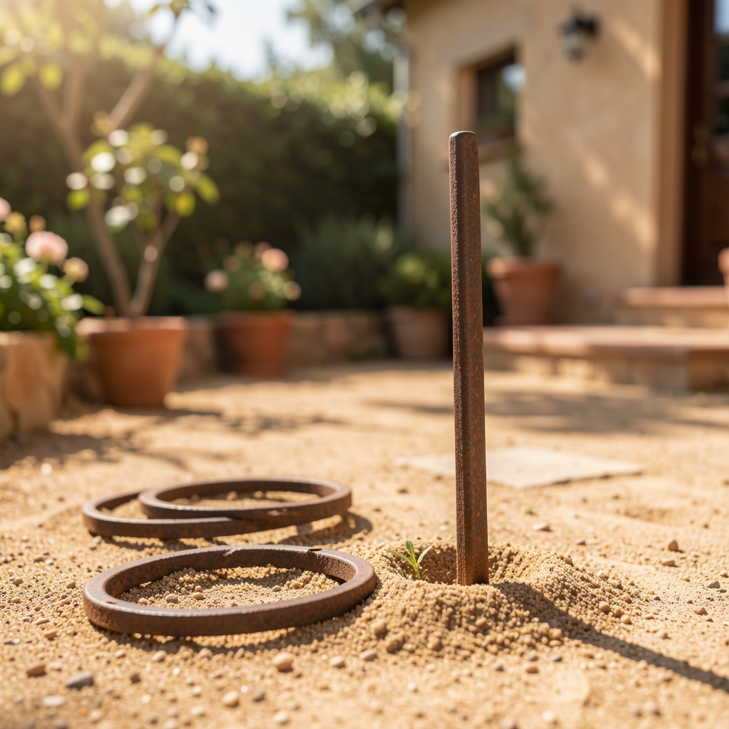 Herraduras de hierro sobre arena junto a una estaca clavada en el suelo en un patio soleado