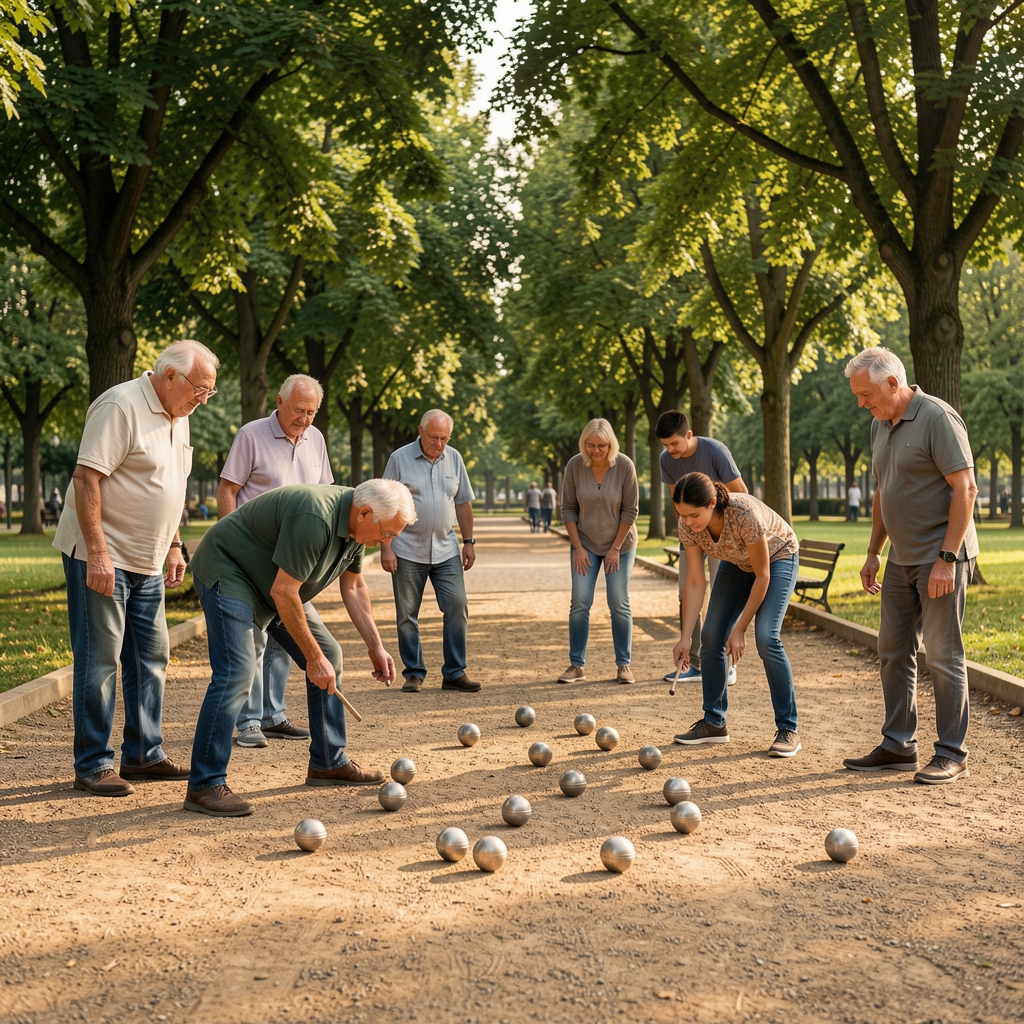 Grupo de personas mayores y jóvenes jugando a la petanca en un parque con árboles y suelo de tierra compacta