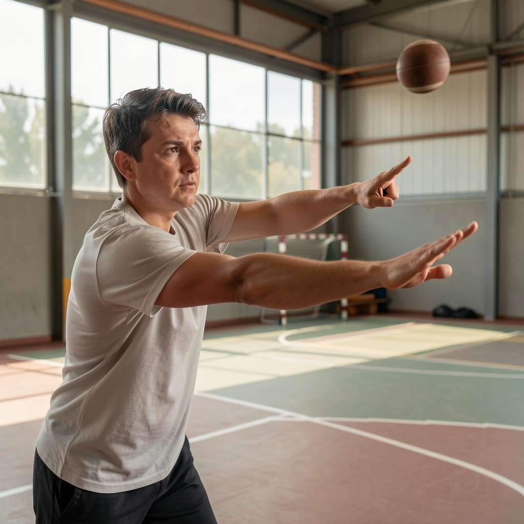 Persona concentrada practicando lanzamiento de precisión en una instalación deportiva tranquila