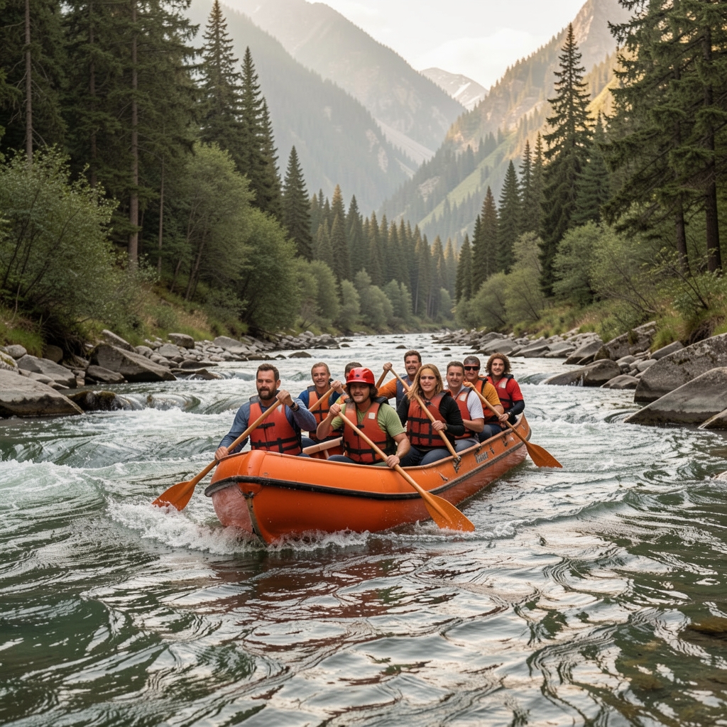 Grupo de adultos descendiendo un río de montaña en balsas naranjas bajo una luz suave