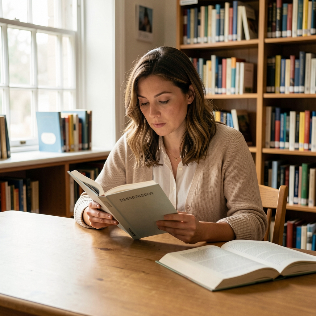 Persona leyendo un libro en una mesa de biblioteca con luz natural y un cuaderno abierto al lado