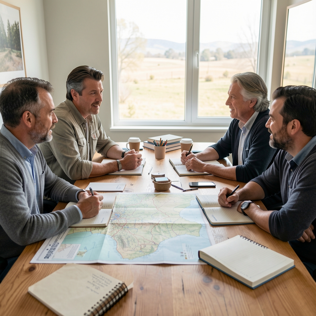 Equipo editorial conversando alrededor de una mesa con mapas y cuadernos de campo