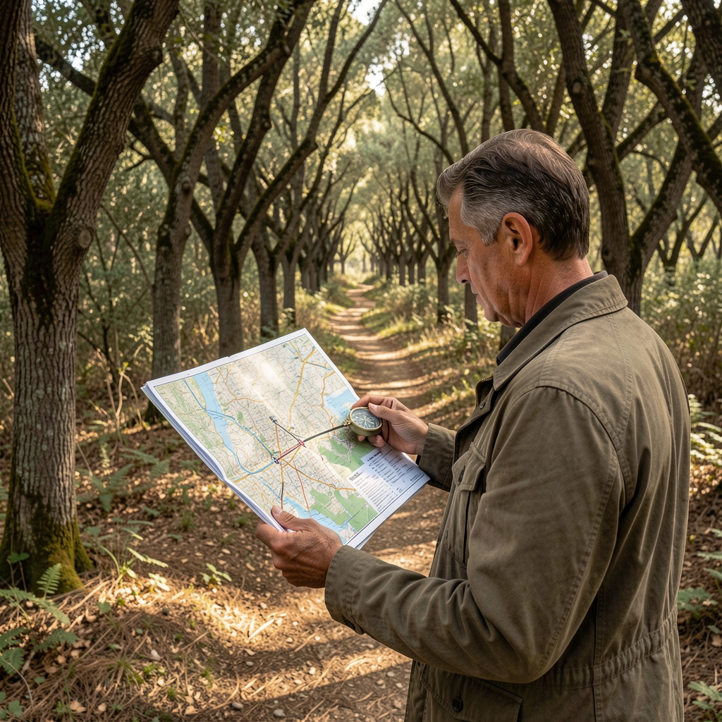 Persona consultando un mapa de orientación con brújula en un bosque de encinas con senderos estrechos
