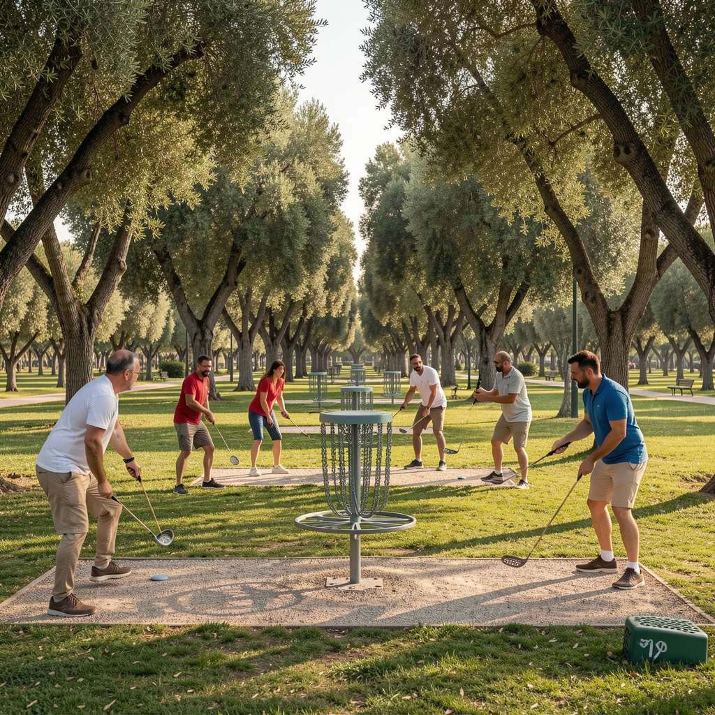 Grupo practicando disc golf en un parque amplio con árboles mediterráneos